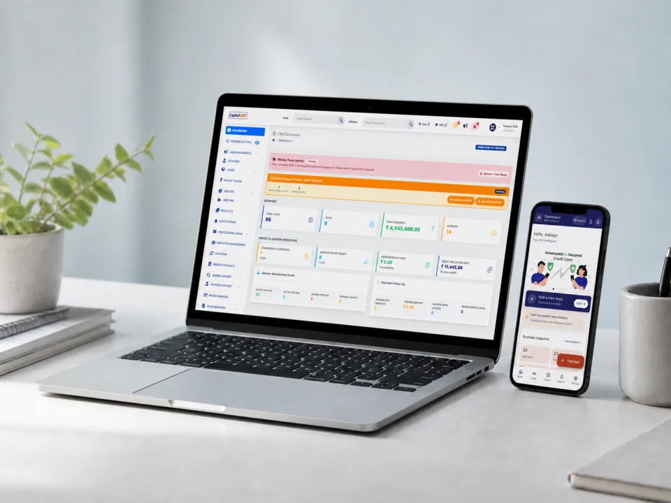 Finance CRM workspace shown across desktop and mobile devices