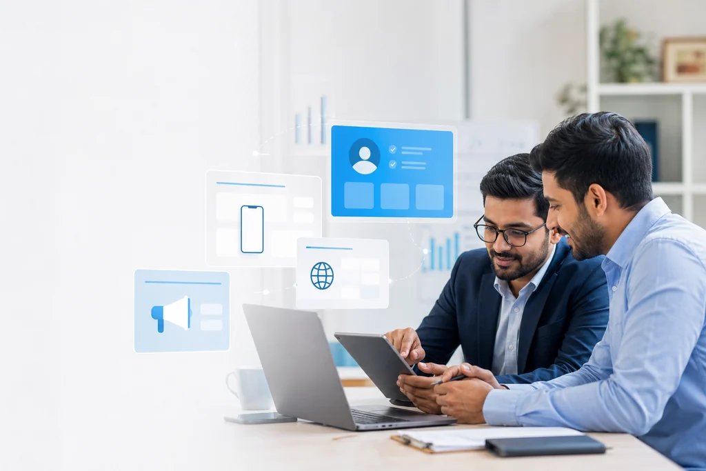 Indian business owner comparing Dhanita software products with an adviser