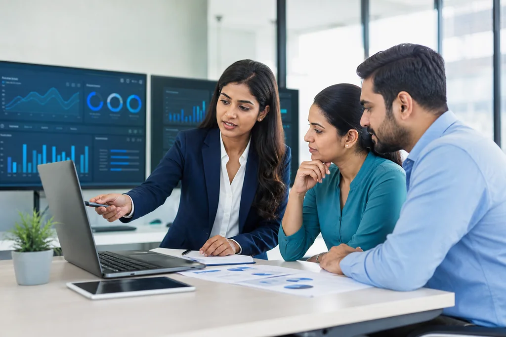 Indian finance business team planning software services with a Dhanita adviser