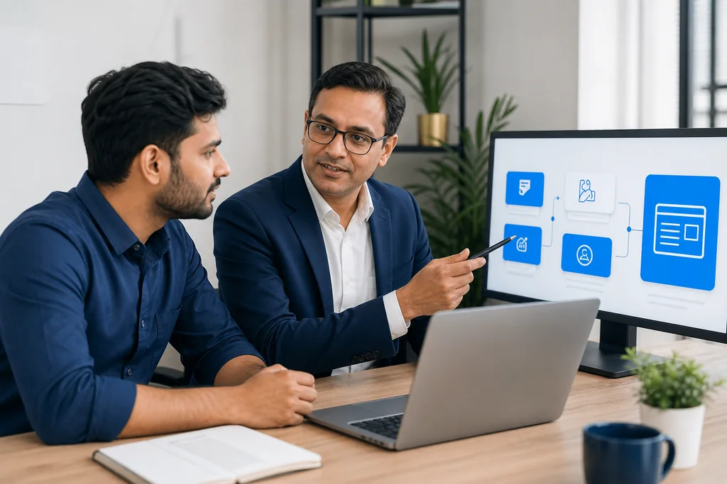 Indian entrepreneur preparing a new finance business with a software adviser